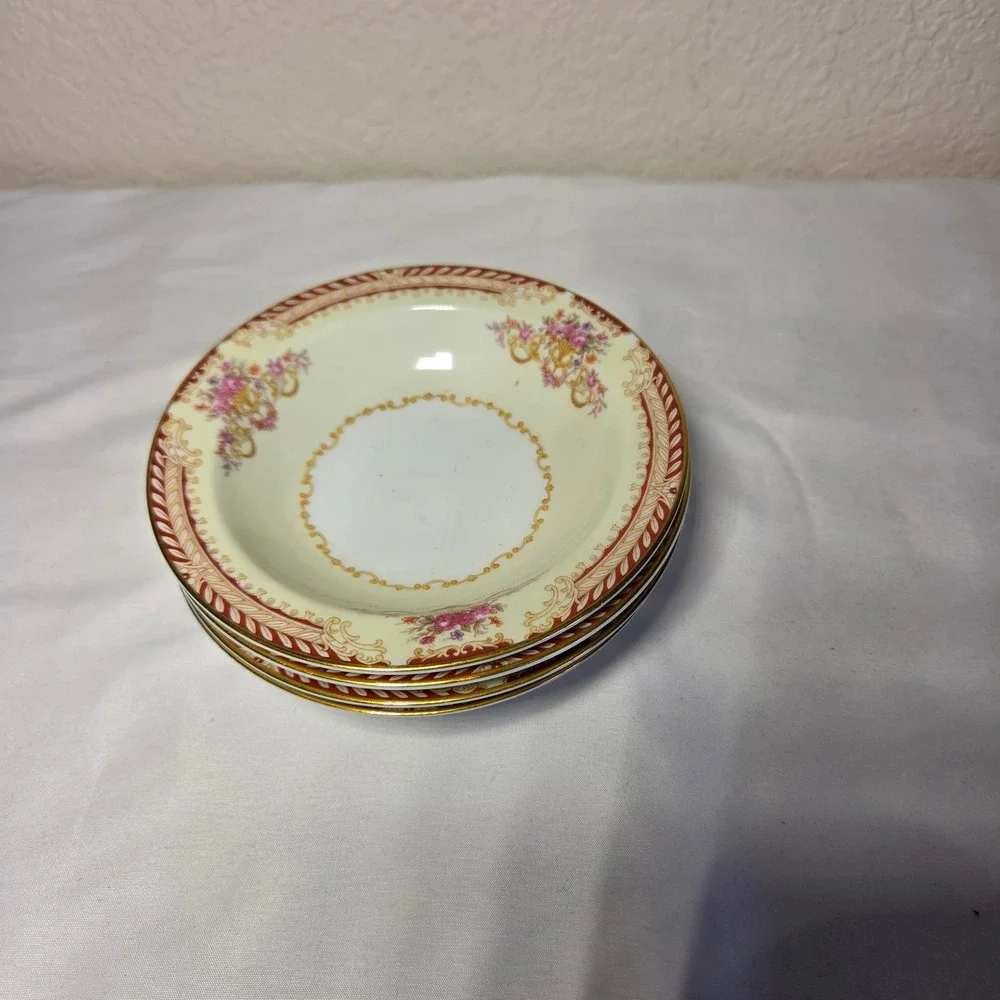 Noritake Japan Floral Fruit Bowls Set of 4 Gold Trim Red Border 5.5 Inch Vintage